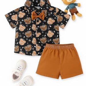 stylish baby boy cotton blend lycra shirt & shorts set with bow tie – jungle print | summer,winter,monsoon wear, with brown shorts & bow tie | baby boy outfit